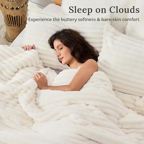 Fluffy Queen Comforter Set, 3-Piece Soft Faux Fur Fleece Bedding, Cream White