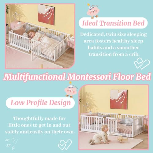 Twin Montessori Floor Bed Frame with High Guardrails and Door
