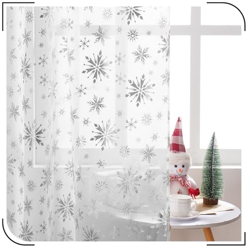 FRAMICS White-Silver Foil Snowflake Sheer Curtains for Christmas, 52W x 84L, 2 Panels with Rod Pocket