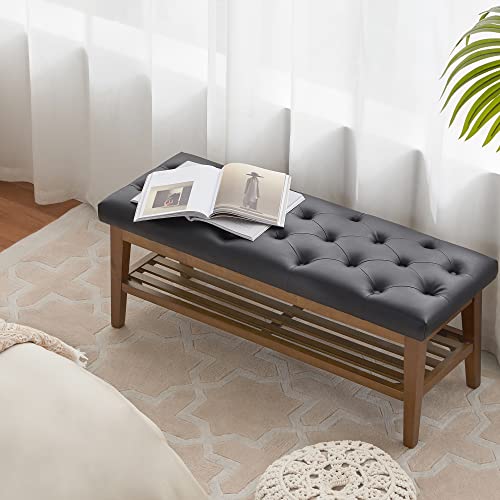 Upholstered Entryway Shoe Bench with Storage Shelf and Button Tufted Seat