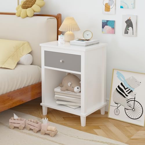 Kids Wooden Nightstand with Drawer and Shelf, 26-Inch Bedside End Table