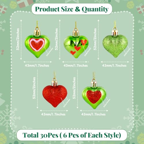 30 Pcs 5 Styles Lime Green Christmas Heart Ornaments 1.8 Inch Glittering Heart Shaped Tree Hanging Ornaments for Christmas Anniversary Wedding Party Valentine Mother's Day Decoration