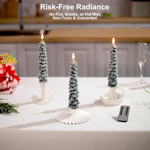 Snow Covered 4 Pack Flameless Christmas Tree Candles with Remote, 9.65 Inch LED Taper Candles