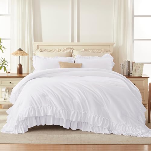 White Ruffle Queen Comforter Set - 3 Piece All-Season Bedding Set
