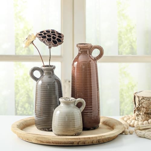 Rustic Ceramic Vases Set of 3 - Brown Boho Farmhouse Decorative Vases