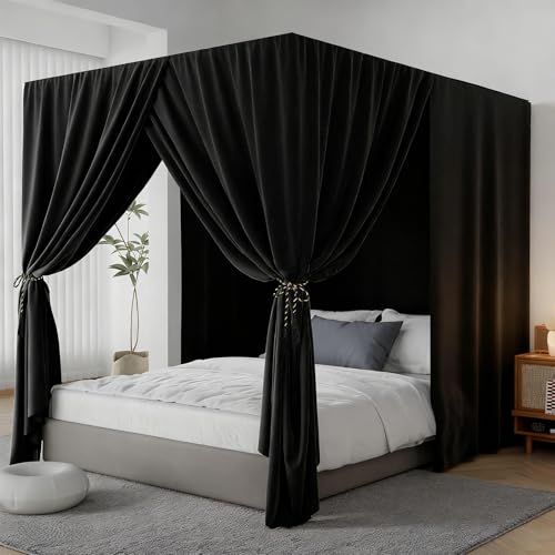 Blackout Canopy Bed Curtains - 4 Corner Post Integrated Queen Canopy