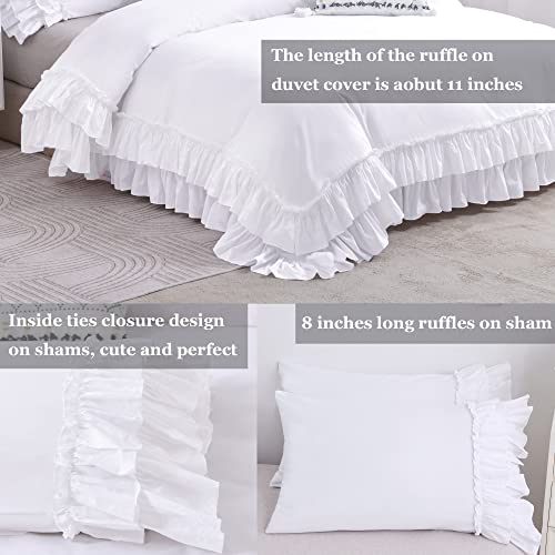 Queen Size White Ruffle Duvet Cover Set - Soft Cotton Bedding