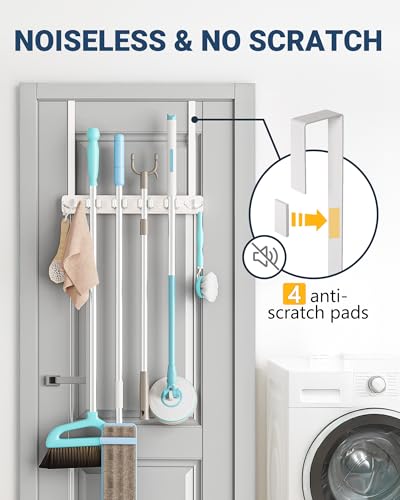 Over the Door Broom and Mop Holder - 4 Slots 4 Hooks Wood Rack