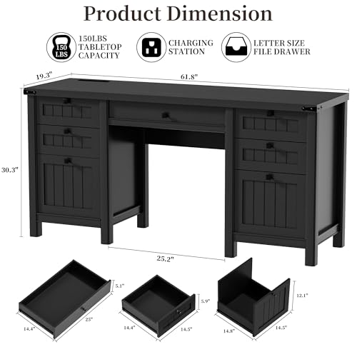 62-Inch Farmhouse L-Shaped Desk with File Cabinet and Power Outlets