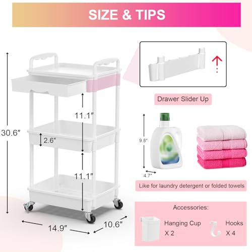 Goovilla 3 Tier Rolling Utility Cart with Removable Drawer, White