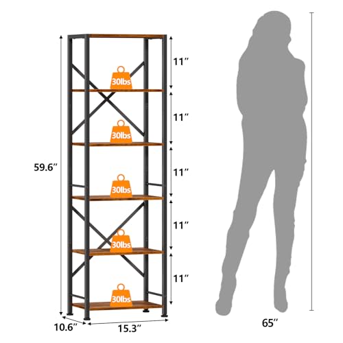 6-Tier Tall Narrow Bookshelf, Rustic Industrial Display Storage Shelf