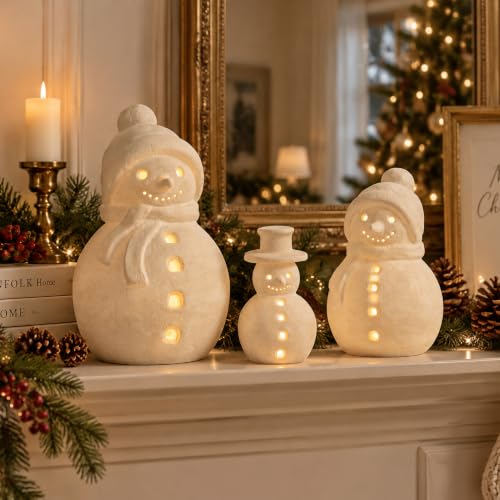 Skylety Rustic Terracotta LED Snowman Figurines Set - Christmas Decor, Battery-Powered Lights