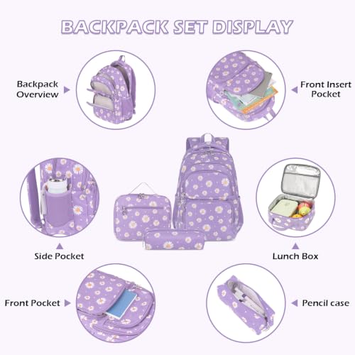 Girls Daisy Print Backpack 3-Piece Set with Insulated Lunch Box & Pencil Case
