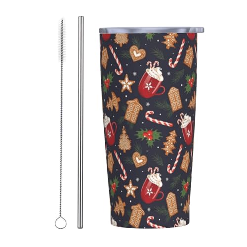 YIKISSKID Red Brown Christmas 20oz Insulated Tumbler with Lid & Straw - Candy Cane & Snowflake Design