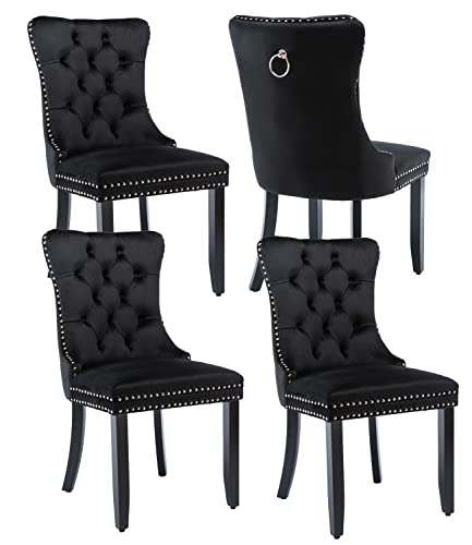 Set of 4 Upholstered Velvet Dining Chairs with Nailhead Trim and Wood Legs