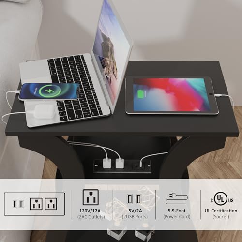 3-Tier End Tables Set of 2 with Charging Station, USB Ports & Outlets