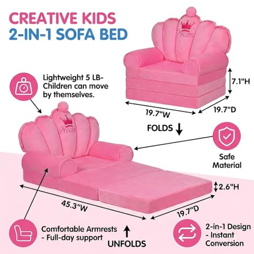 2-in-1 Foldable Toddler Couch and Sofa Bed - Pink Crystal Velvet Kids Chair