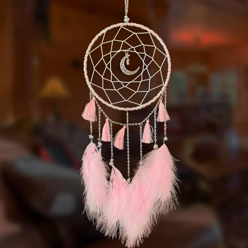 Handmade Pink Feather Dream Catcher Wall Hanging for Bedroom Nursery Decor