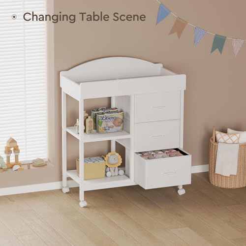 Baby Changing Table Dresser with 3 Drawers, 2 Shelves and Changing Pad