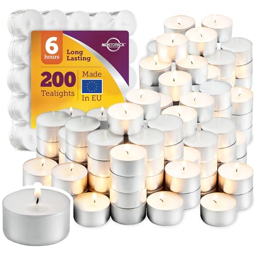 MontoPack 200 Unscented White Tealight Candles Bulk - 6 Hour Dripless, Smokeless Votive for Weddings, Home, Emergency