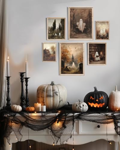 6-Piece Vintage Halloween Ghost Wall Art Set, Autumn Landscape Prints