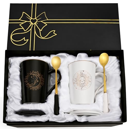 Maustic Sun & Moon Mugs 14oz - Black/White Aesthetic Boho Coffee Cups Gift Set