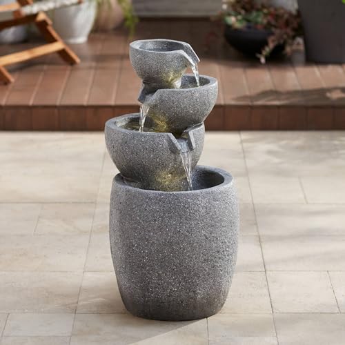 32-Inch Four-Bowl Cascading Floor Fountain with LED Light, Faux Stone Finish