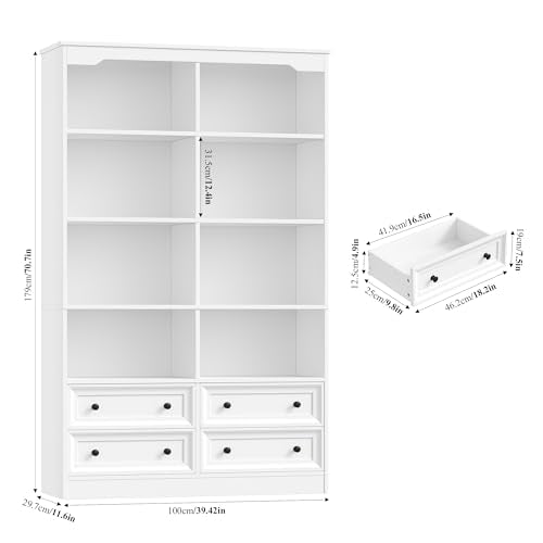 71-Inch Tall Double Wide Bookshelf with 4 Drawers, Modern White Storage Unit