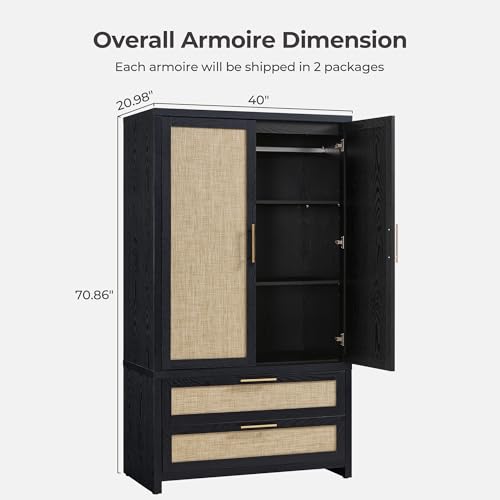 Rattan Armoire Wardrobe Closet with Drawers - 71-inch Boho Storage Cabinet