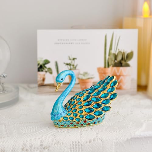 Blue Swan Enamel Jewelry Trinket Box - Decorative Ring Holder Organizer