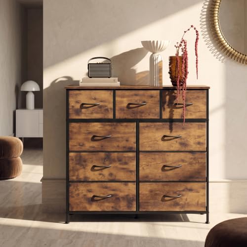 Tall Dresser with 9 Fabric Drawers and Wood Top