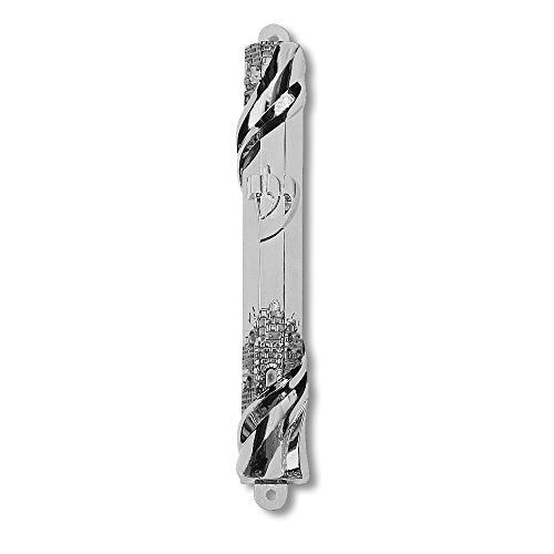 Decorative Metal Mezuzah Case - 6-Inch Silver-Tone Old City Design