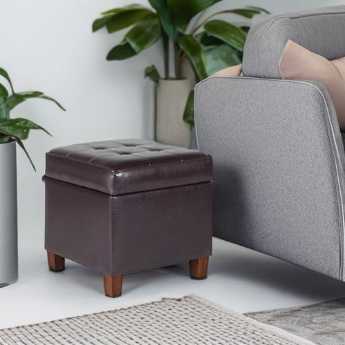 HomePop Leatherette Tufted Square Storage Ottoman with Hinged Lid, Brown Small