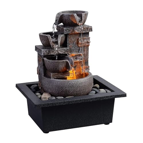 4-Tier Tabletop Indoor Water Fountain - Resin Rock Waterfall Decor
