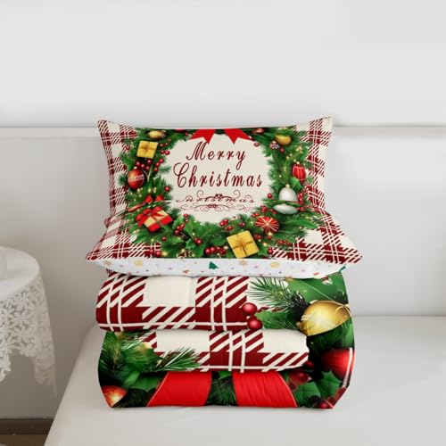 Feelyou Checkered Wreath Comforter Set Twin Size Christmas Bedding Beige Red Green