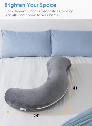 S-Shaped Body Pillow for Side Sleepers - Soft Grey Velvet