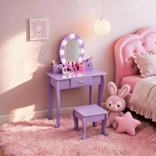 Kids Purple Vanity Set with LED Lighted Mirror and Stool for Ages 4-8