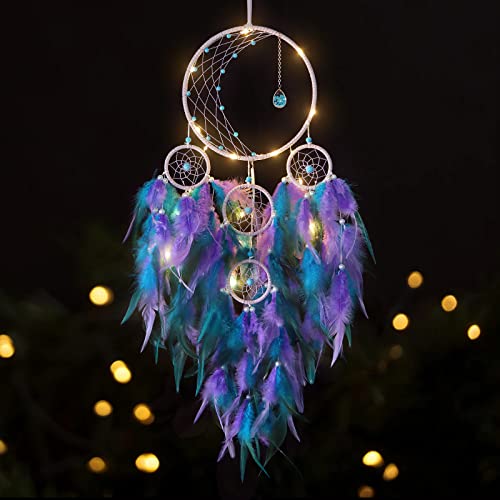 LED Moon Dream Catcher with Lights - Handmade Boho Bedroom Wall Decor