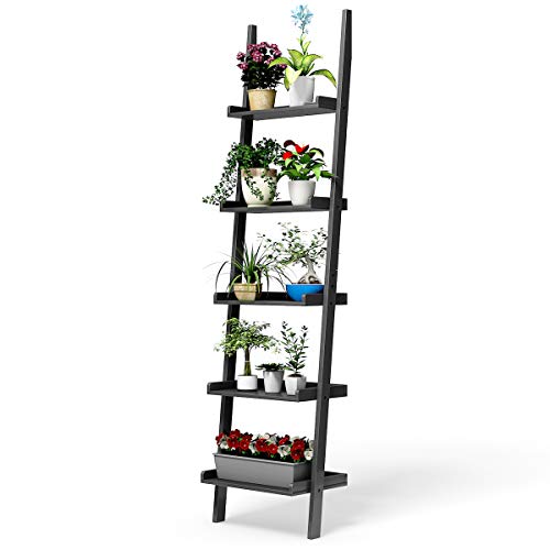 5-Tier Wood Ladder Shelf, Modern Leaning Display Rack for Home & Office