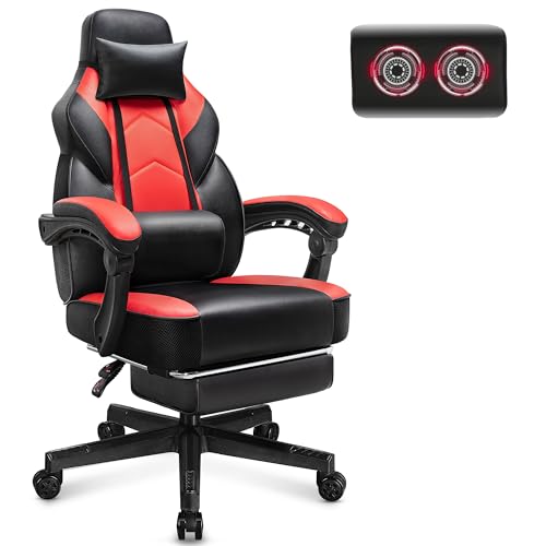 Ergonomic Gaming Chair with Footrest, Massage Lumbar Support & Recliner, Red