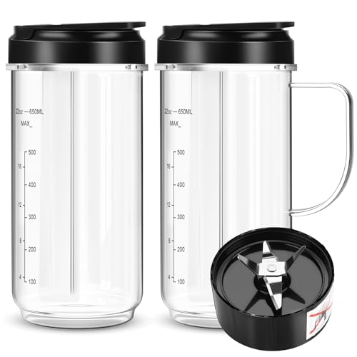 22oz Blender Replacement Cups with Cross Blade and To-Go Lids - 5 Piece Set