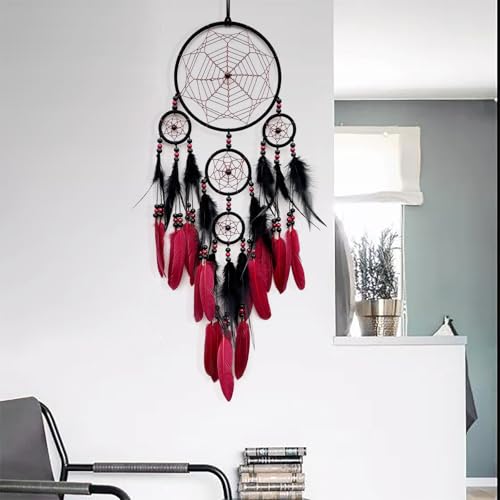 Large Handmade Dream Catcher - Red and Black Wall Hanging Ornament