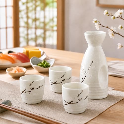 Japanese Sake Glass Set with Carafe & Cups - Traditional Porcelain, Gift-Ready
