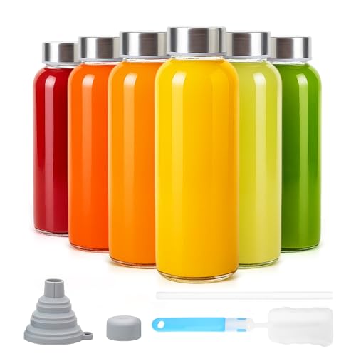 10 oz Glass Juice Bottles with Lids, 6 Pack – Leakproof Reusable Bottles