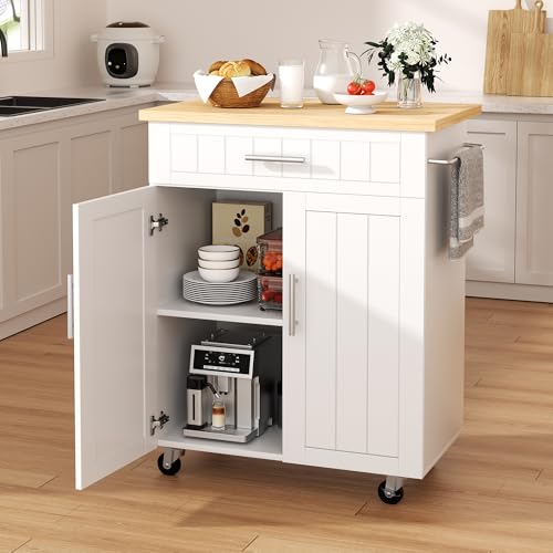 Rolling Kitchen Island Cart with Storage Cabinet & Wheels - White