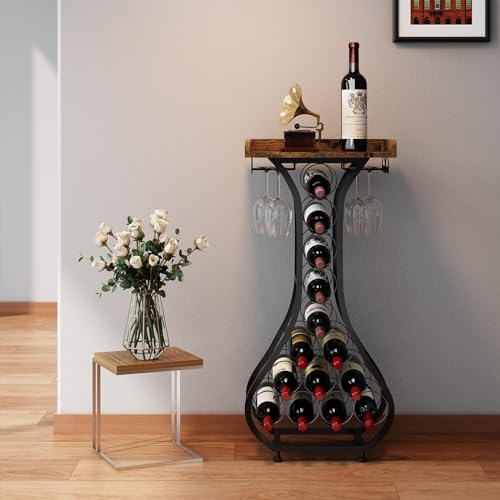 Freestanding Wine Rack Table with Glass Holder, 14-Bottle Liquor Storage