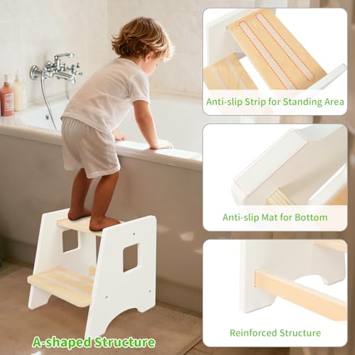 Wood City Toddler Step Stool - White & Natural Wooden 2-Step Bathroom & Kitchen Helper for Kids