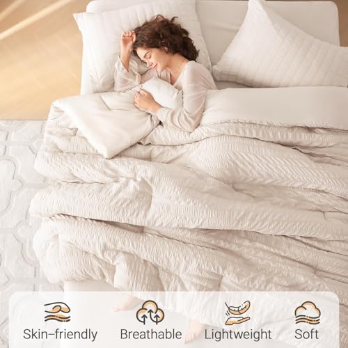 7-Piece Queen Seersucker Comforter Set - All-Season Bed in a Bag, Beige