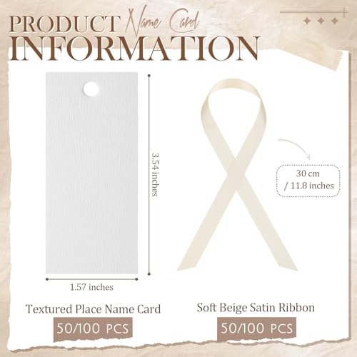 50 Pcs Blank Wedding Place Cards with Beige Satin Ribbons