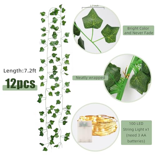 Artificial Ivy Vines with 100 LED String Lights - 12 Pack Fake Garland